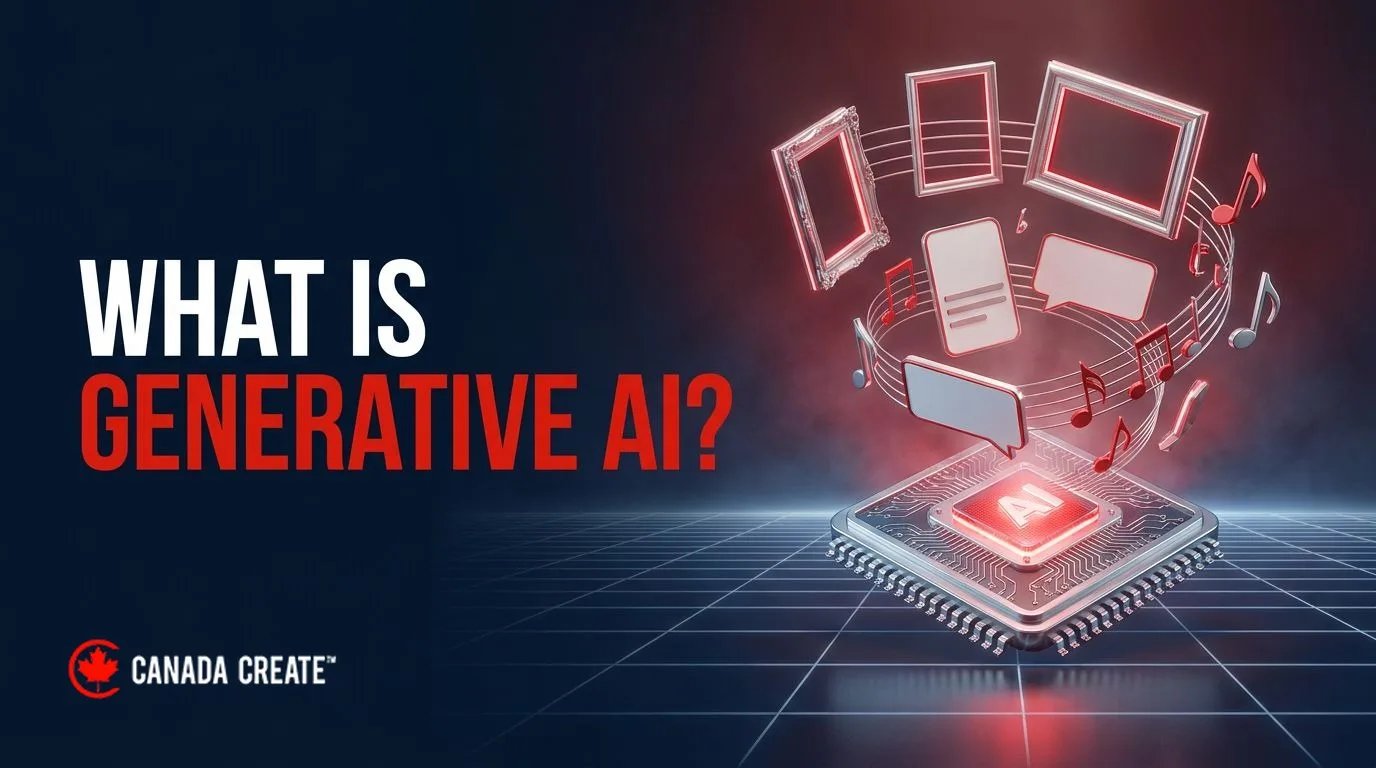 What is generative AI: a microchip with a red core spawning pictures, text cards and music notes
