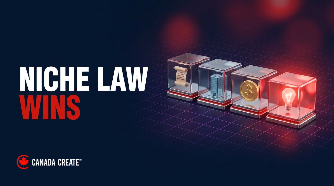 Niche law wins: four glass cubes holding a scroll, an office tower, a coin and a light bulb, the bulb glowing red