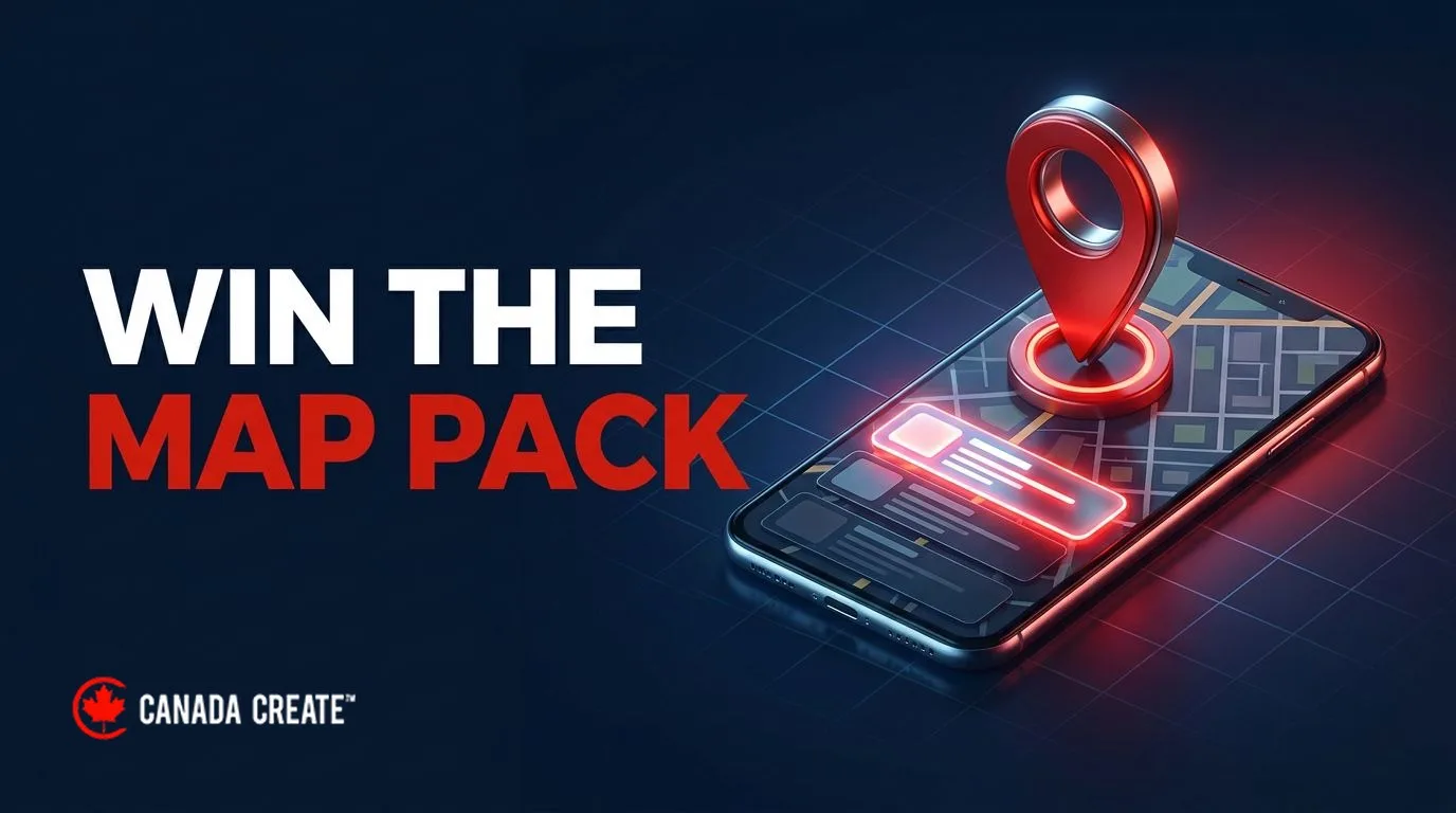 Win the map pack: a red map pin rising from a smartphone map above three local listing cards