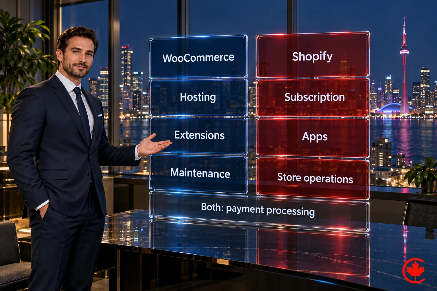 WooCommerce hosting, extensions and maintenance are compared with Shopify subscription, apps and store operations, with payment processing for both.