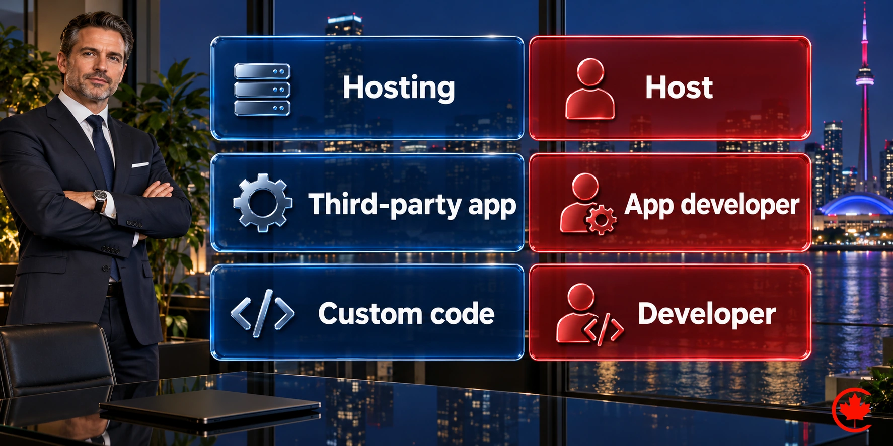 Hosting is paired with the host, third-party apps with the app developer and custom code with the developer.