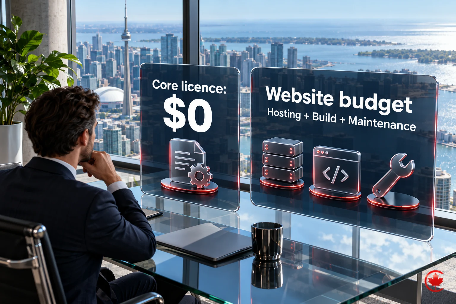 A zero-dollar WordPress core licence beside the separate hosting, build and maintenance costs.