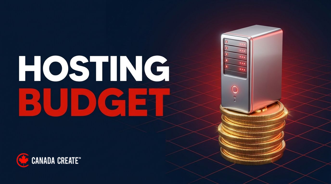 Hosting budget: a silver server tower with red status lights standing on a stack of coins