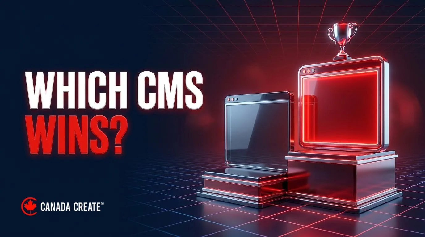 Which CMS wins: two browser windows on a winner's podium, the higher one glowing red with a trophy