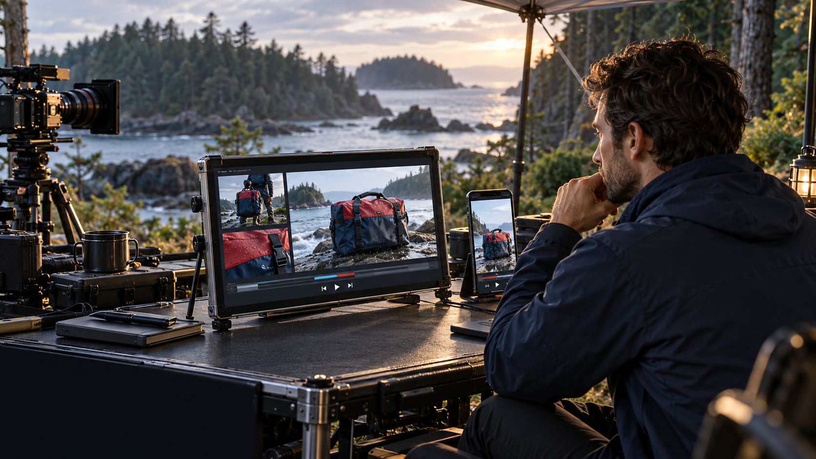 Producer comparing horizontal and vertical edits of an outdoor-product video advertisement.