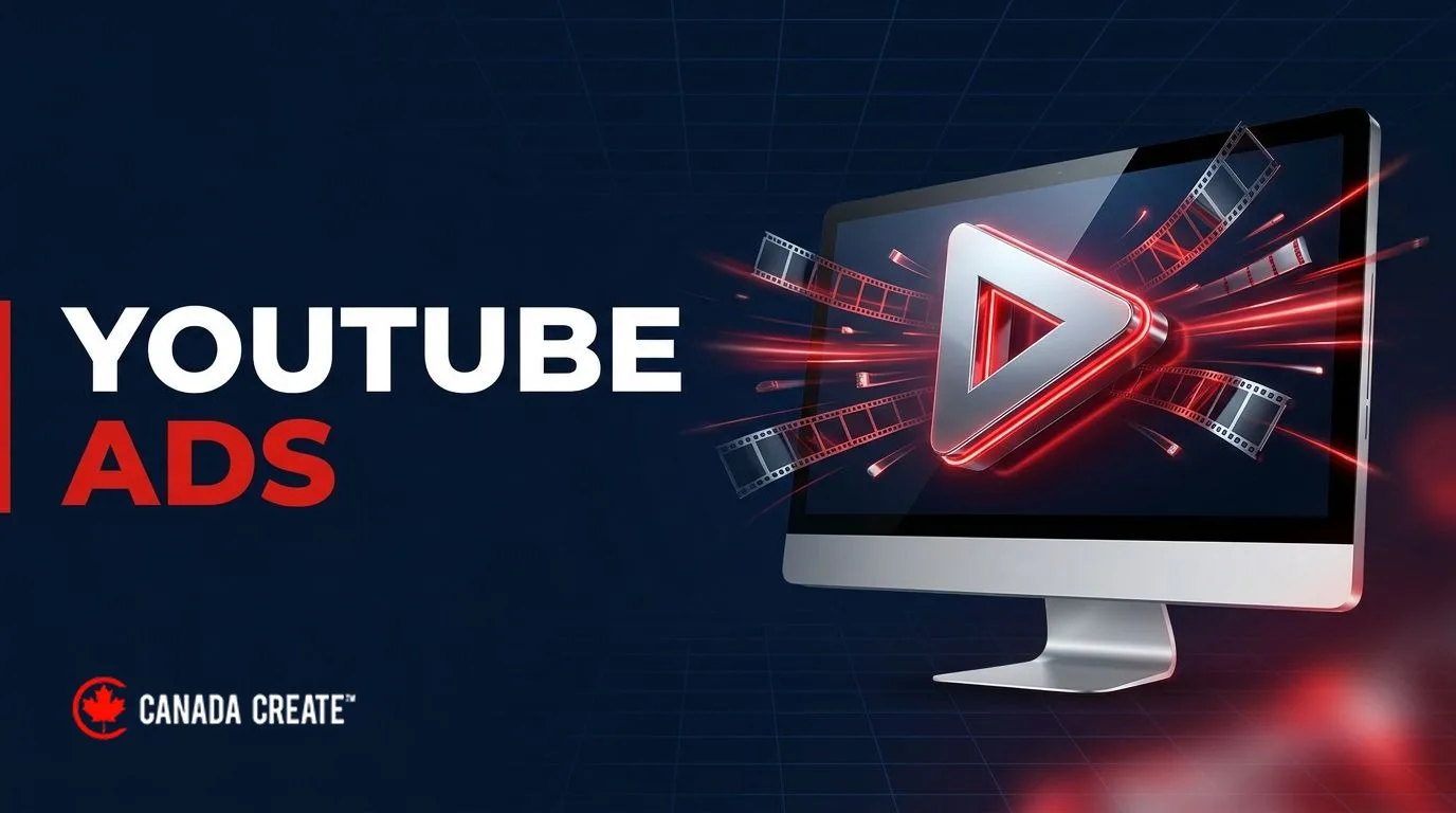 YouTube ads: a widescreen monitor with a silver play symbol bursting out in 3D and red light trails behind it