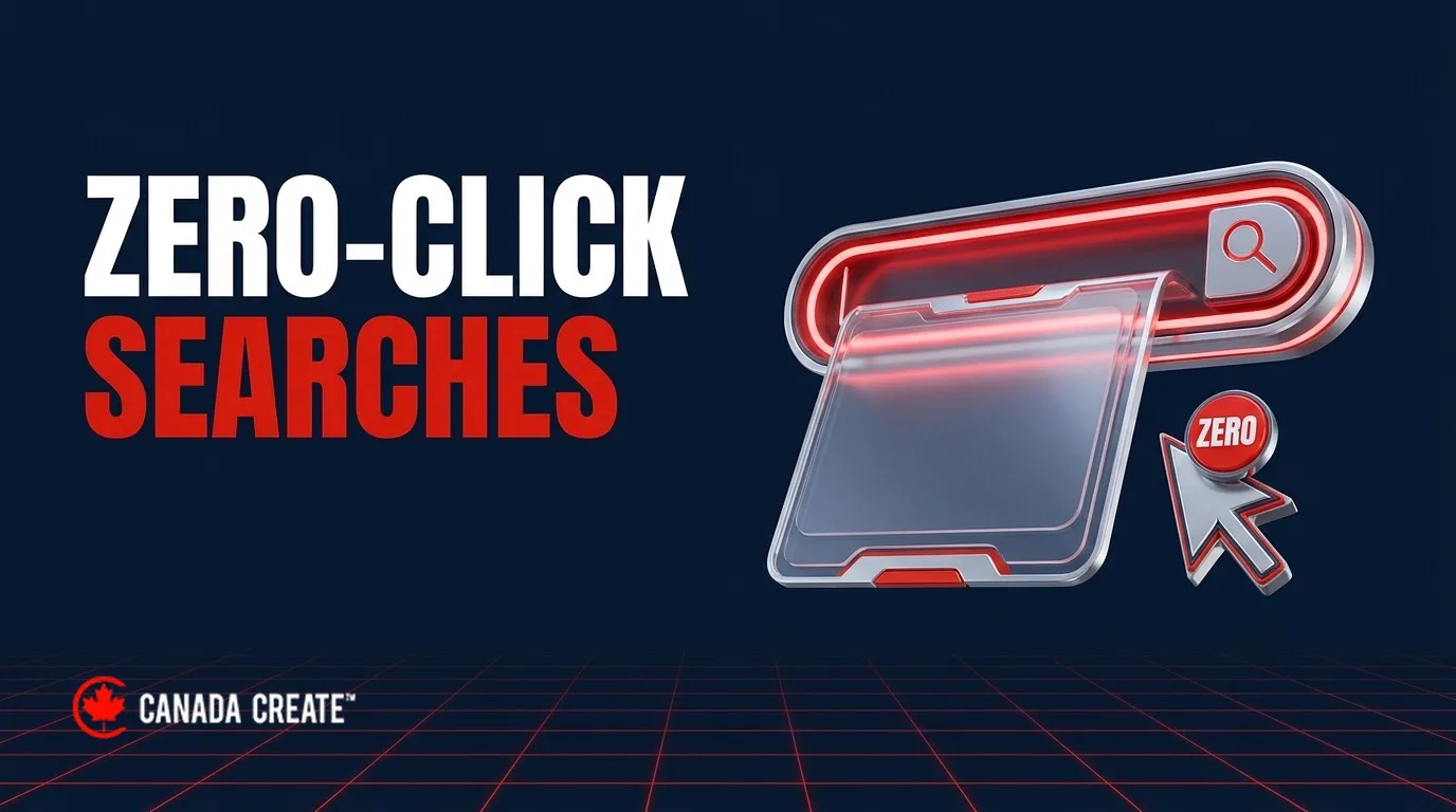 Zero-click searches: a search bar answering itself while a cursor waits with a red zero badge