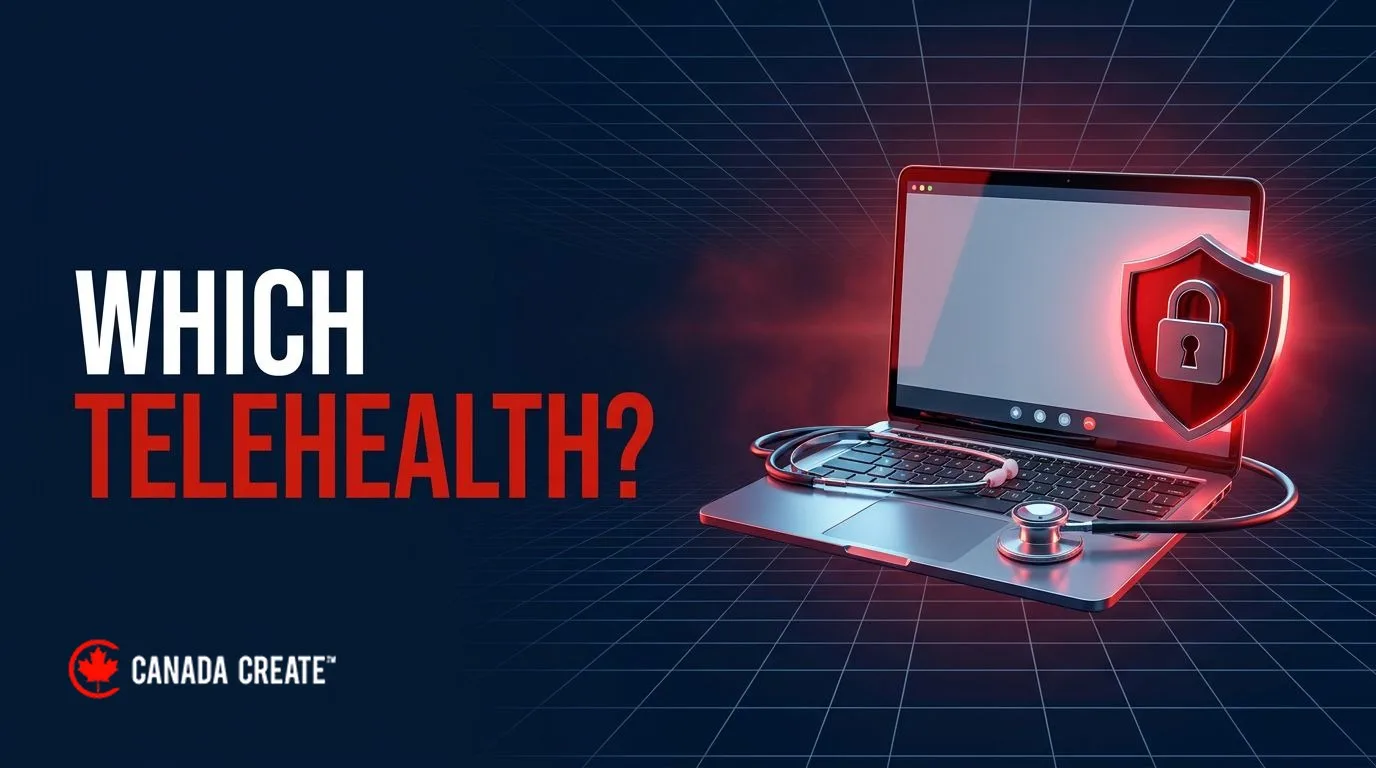 Which telehealth: a laptop video call wrapped in a stethoscope beside a red shield with a padlock